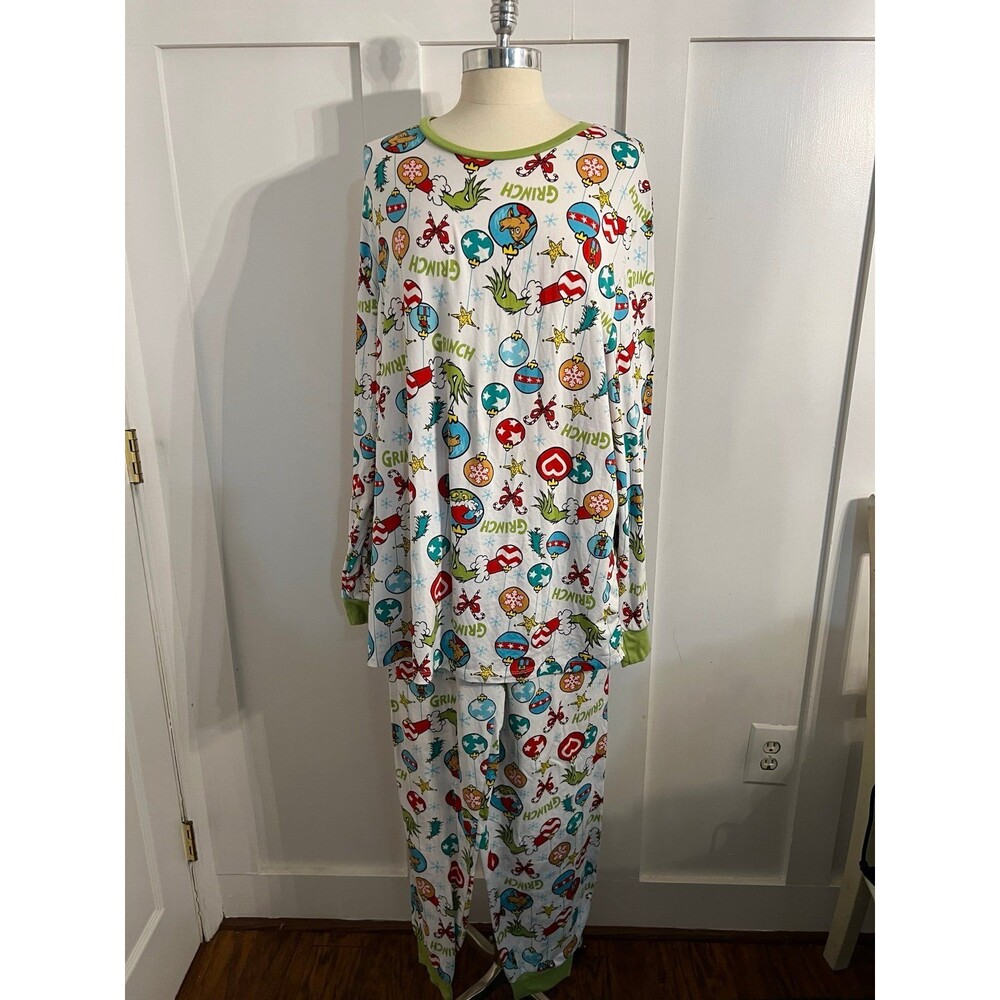 Dr Seuss The Grinch White Christmas Ornament Allover Print Pajama Set 2X (50-52)